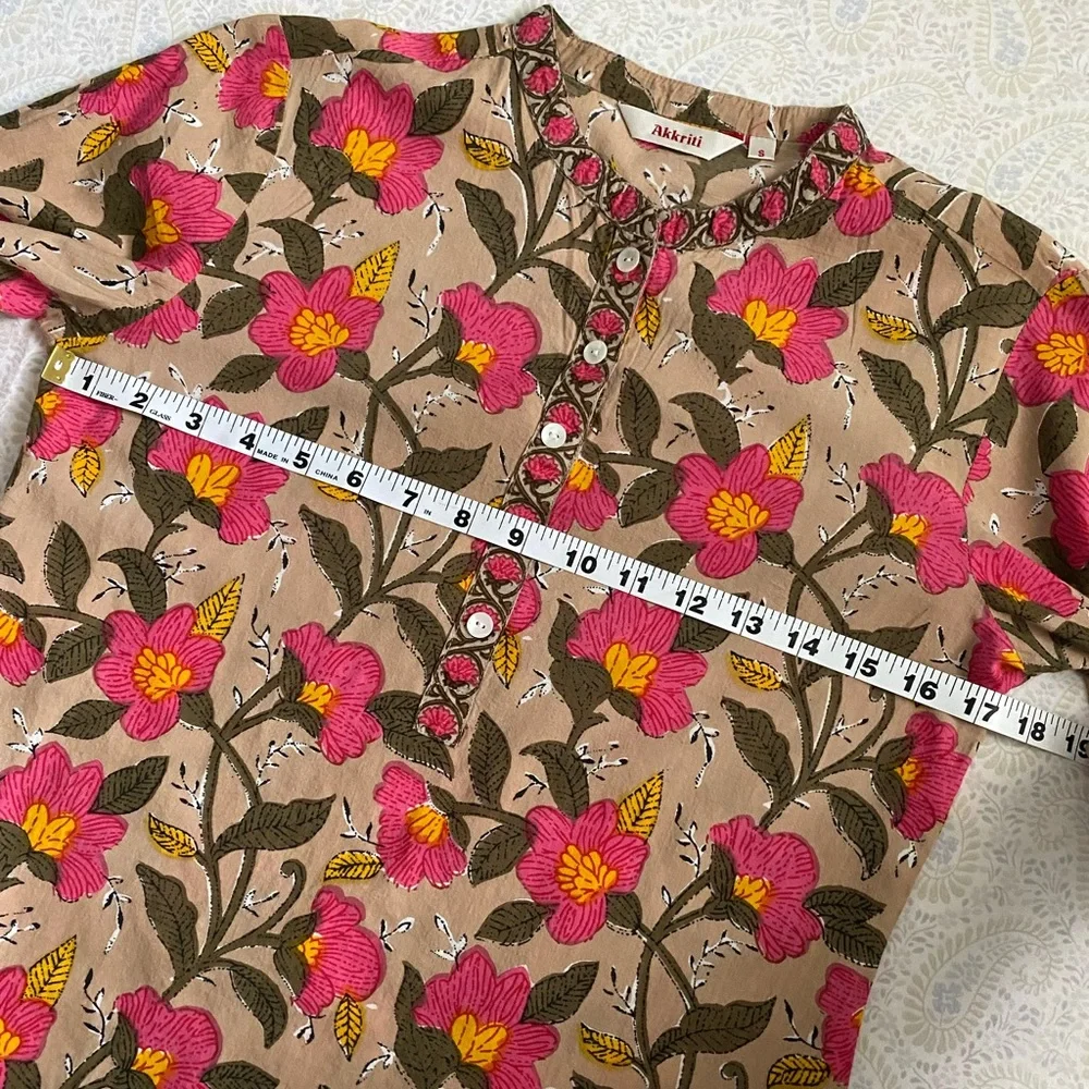 Akkriti 100% cotton floral blouse 3/4 sleeve, pink tan yellow - Picture 5 of 11
